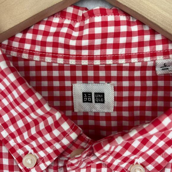 UNIQLO Shirt Mens L Gingham Check Button Up Long Sleeve Woven Cotton Red - Picture 4 of 15